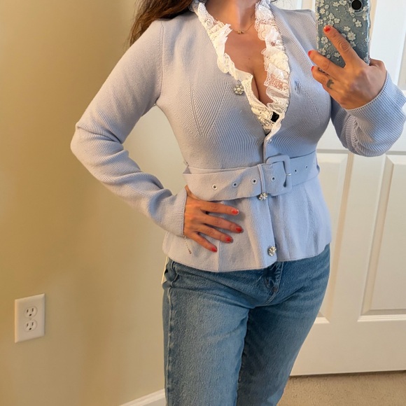 COMMENSE CARDIGAN KNIT LACE SWEATER BELT BLING RHINESTONE BUTTON S SPRING - Picture 9 of 10